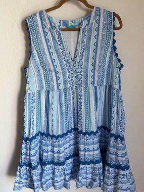 Tori Richard Honolulu Turquoise, Blue & White Patterned Dress